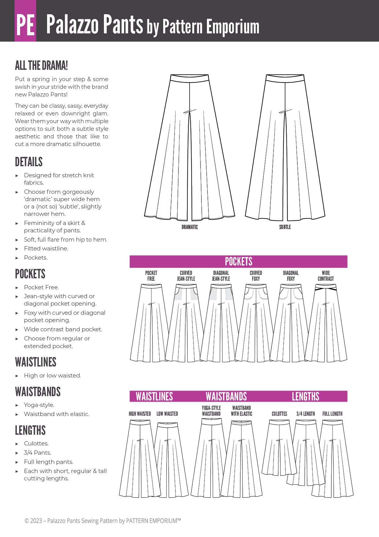 Palazzo Wide Leg Pants Sewing Pattern (High or Low Waisted) - Pattern ...