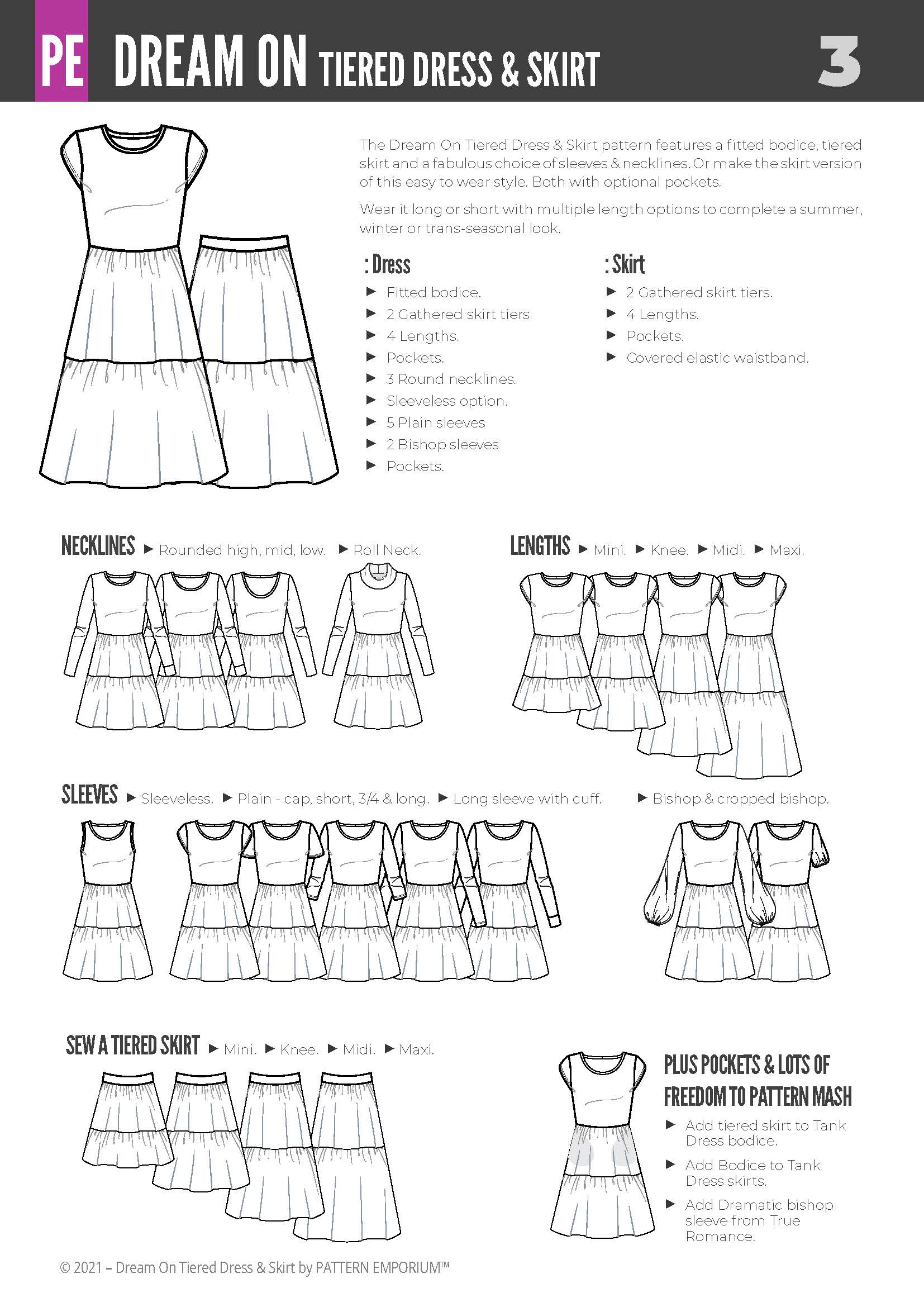 Fitted Tiered Dress sewing pattern with bishop sleeves