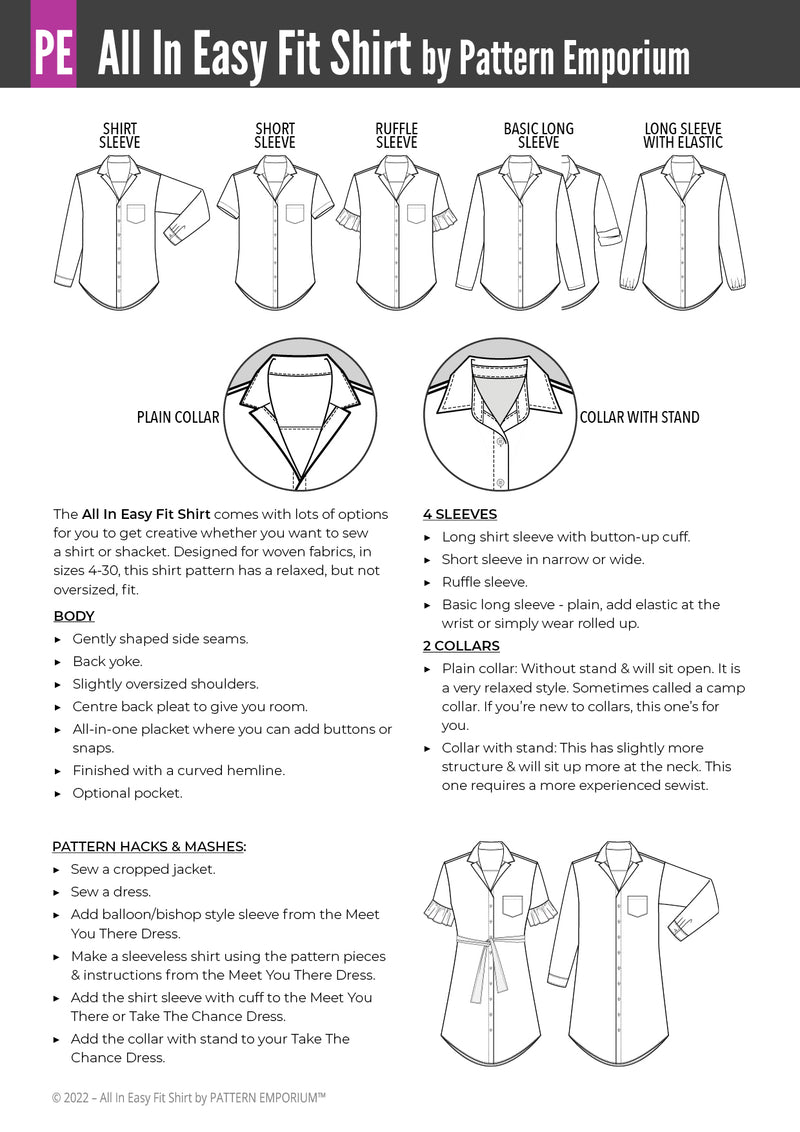 All In Easy Fit Shirt Sewing Pattern - PATTERN EMPORIUM