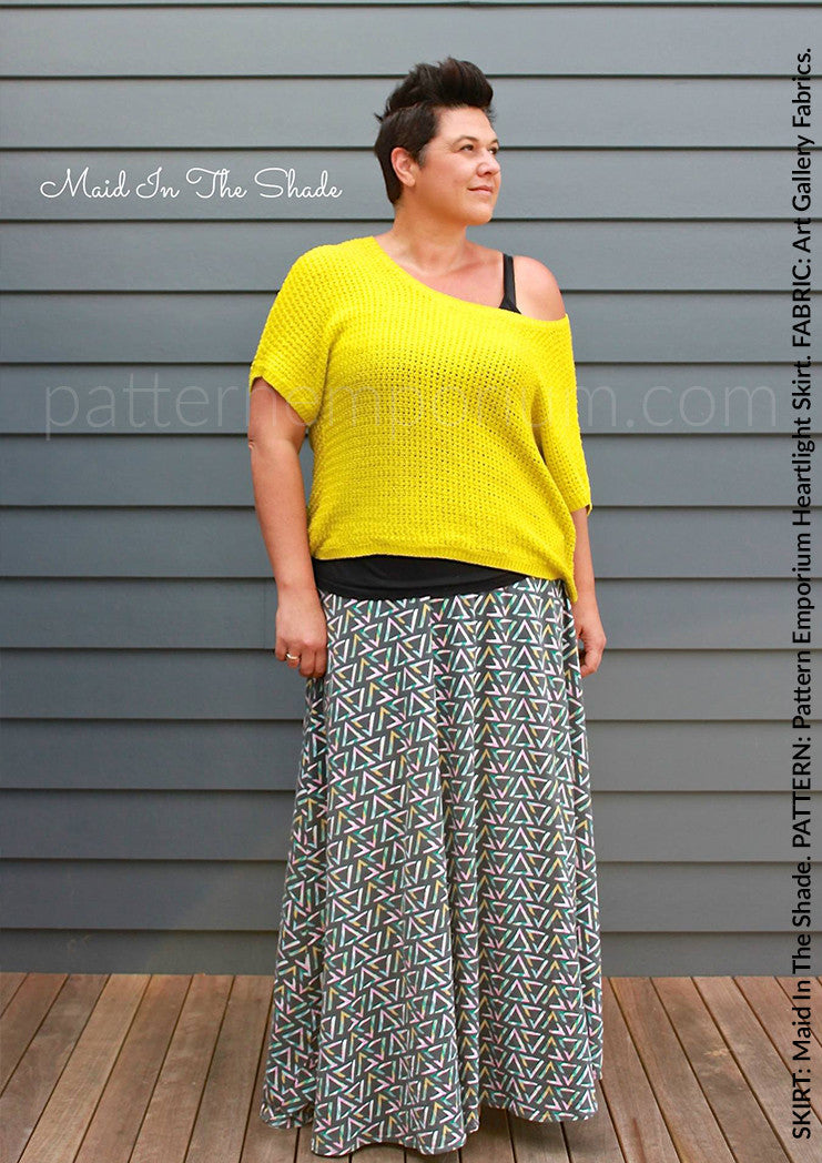 First serger project! Heartlight Knit Skirt pattern (PE1604) by Pattern  Emporium, fabric is a knit from deep within my stash. : r/sewing