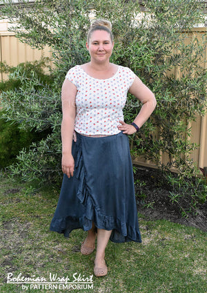 View our ladies wrap skirt sewing pattern with ruffle