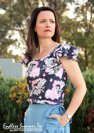 view our ladies ruffle sleeve tee sewing pattern