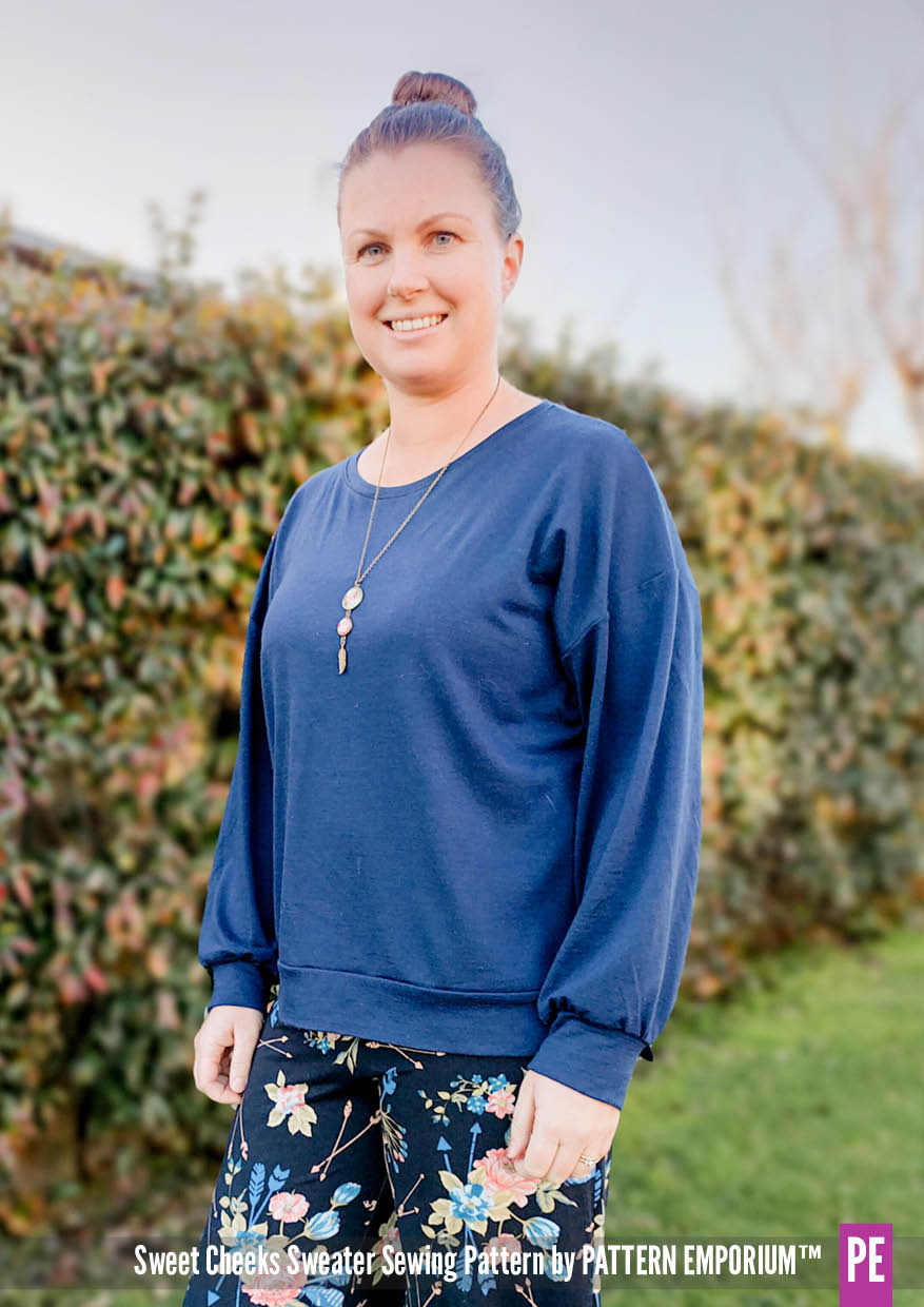 We're excited to present the Sweet Cheeks Sweater sewing pattern. In Sizes  4-30, it features dropped shoulders, fabulous full sleeves & a banded step  hem
